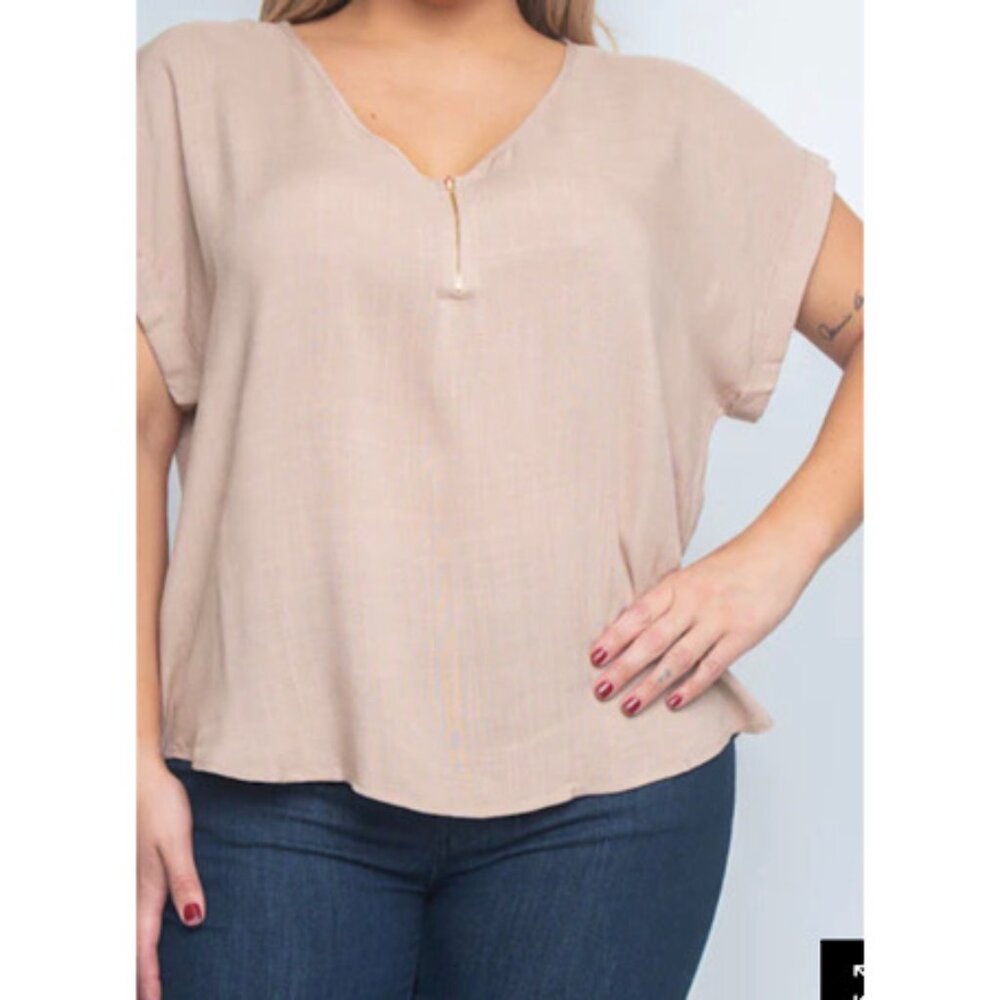 Zenobia - Plus Size women's Tops  Half Zip front - V Neck Short sleeves Y2K Boho